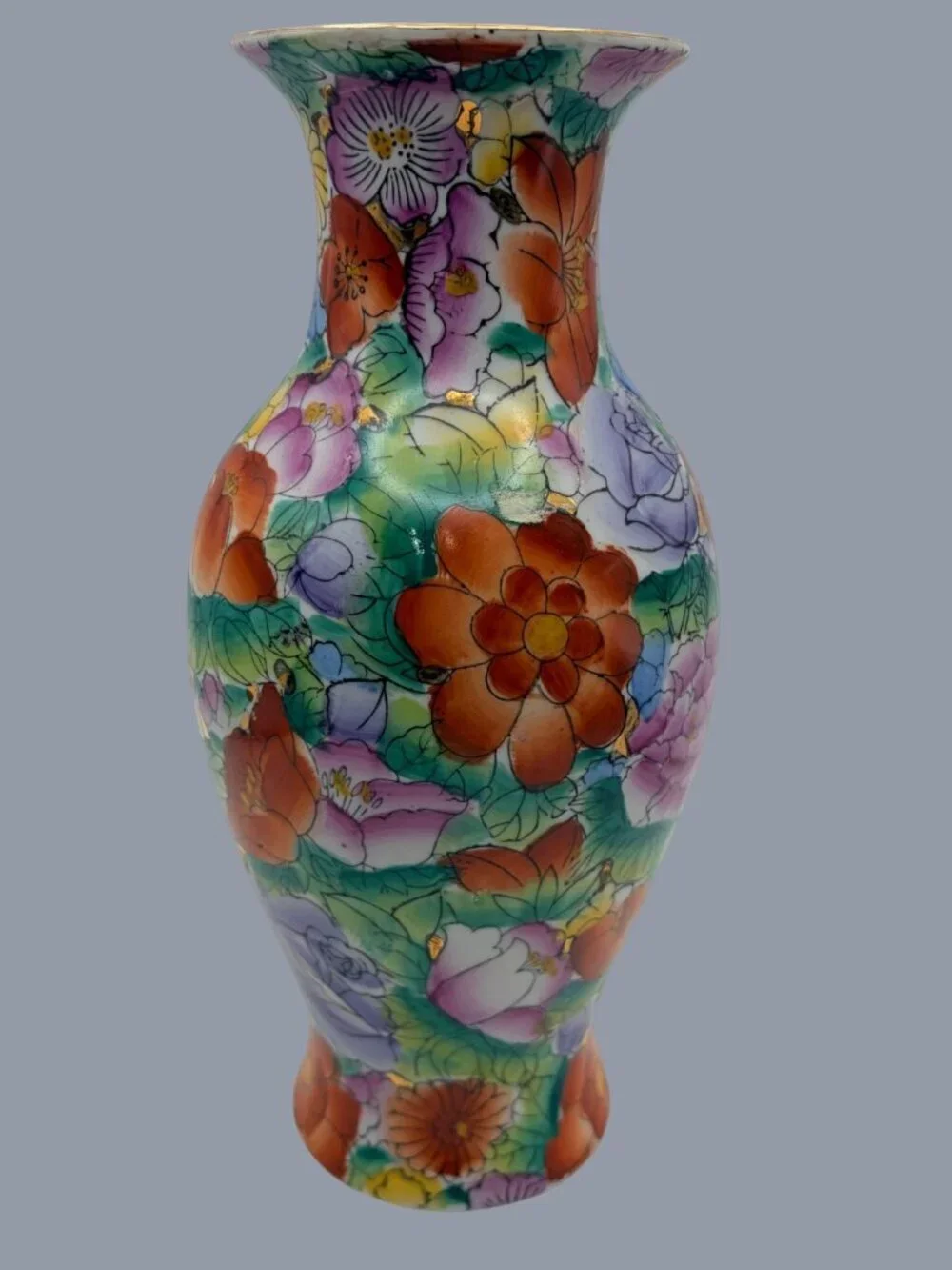 VTG Chinese Mille Fleur Rose Floral Porcelain Vase Hand Painted Gold Accents